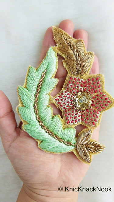 Floral Appliques With Sequins, Zardozi Appliqué Patch In Red And Gold Flowers & Red / Yellow / Coral / Mint Green Leaf Embroidery